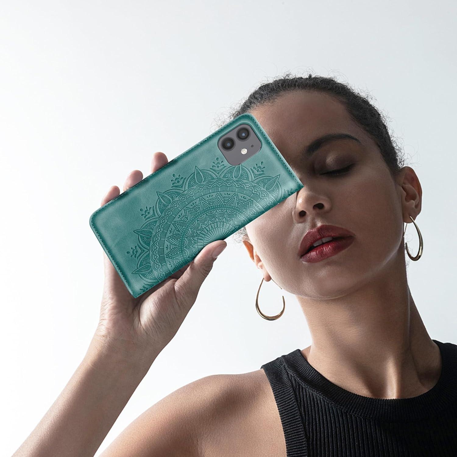 iPhone 12/12 Pro Handyhülle Flip Wallet Cover Grün PU Leder Schutzhülle