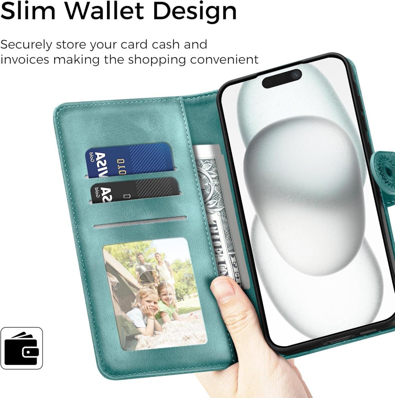 Lederhülle iPhone 15 Hülle Wallet Case Magnet Ständer Grün