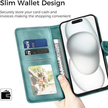Lederhülle iPhone 15 Hülle Wallet Case Magnet Ständer Grün