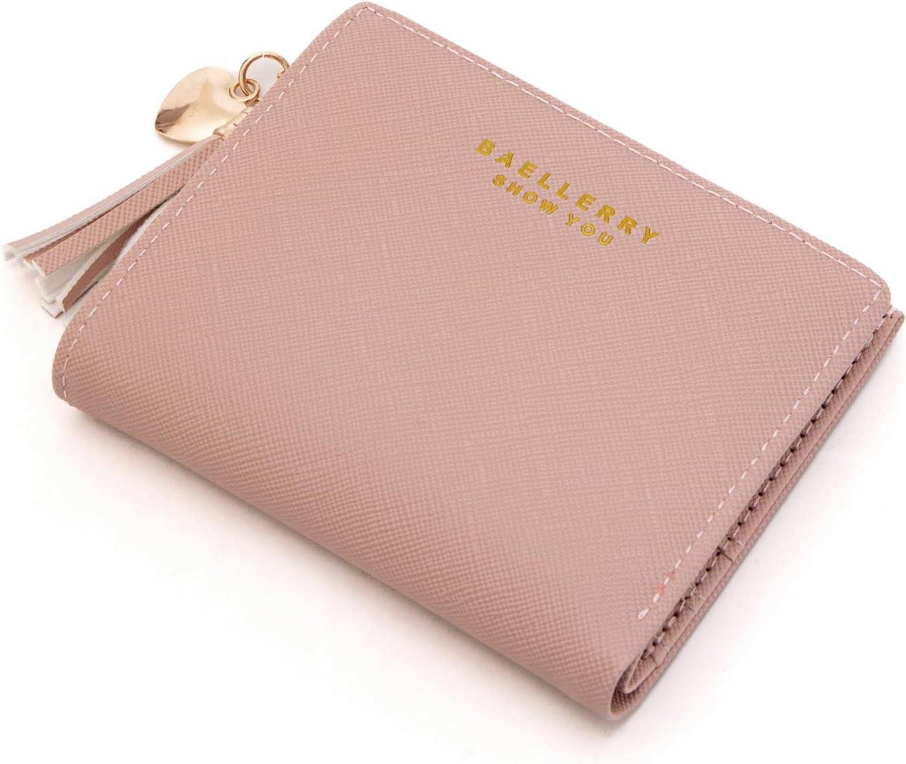 Damen Geldbörse Leder Mini Portemonnaie mit Zipper, Rosa