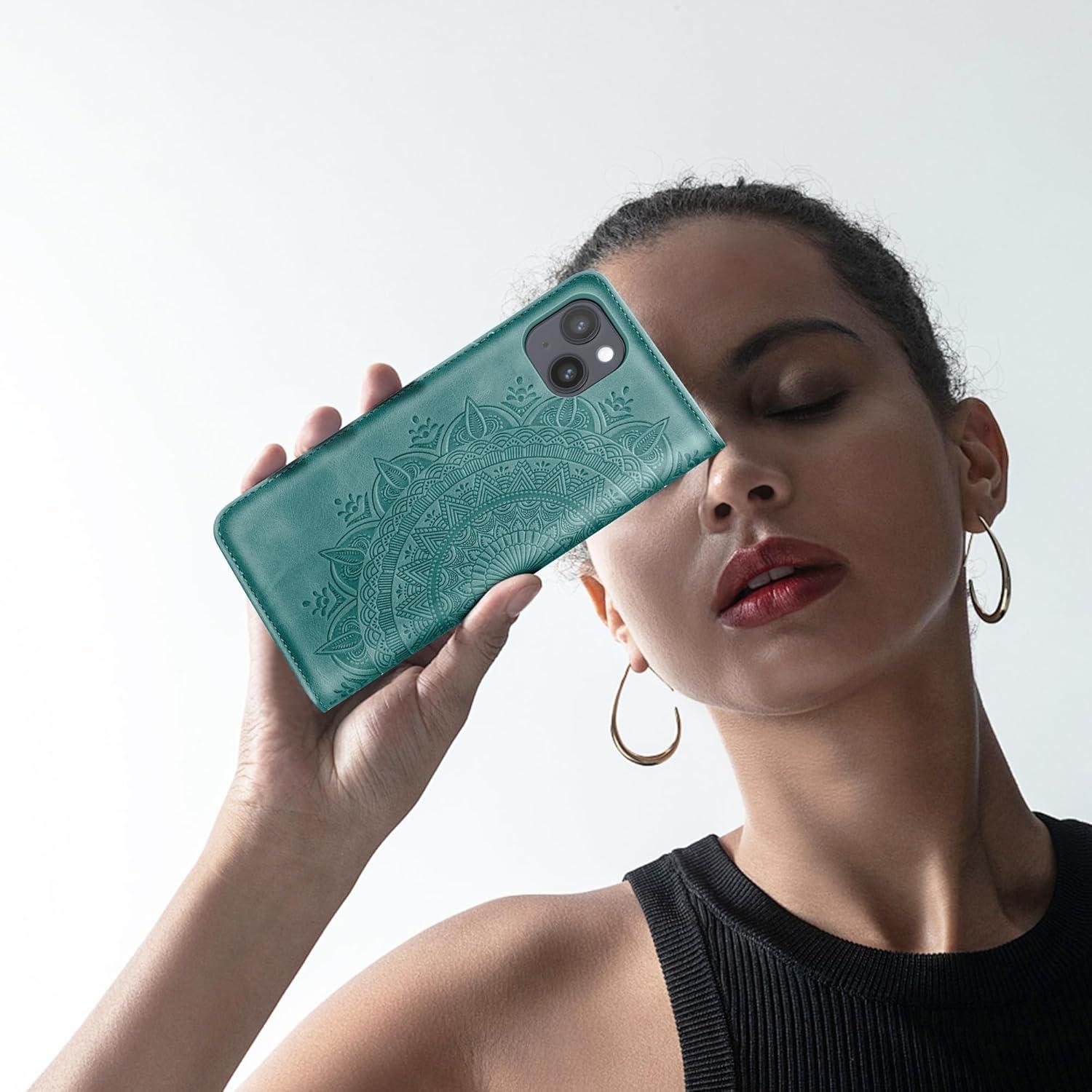 EASDNB iPhone 14 Lederhülle Flip Wallet Schutzhülle Grün