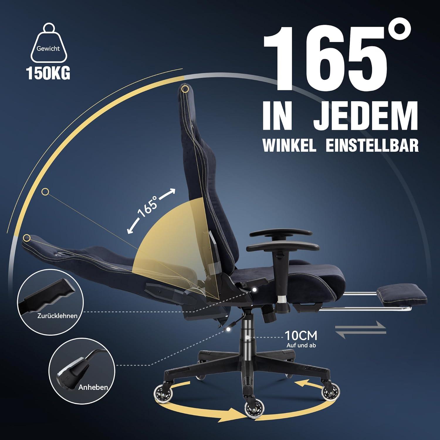 Gaming Stuhl Bürostuhl Massage Wildleder-Stoff 90-165° 150KG Blau-Schwarz