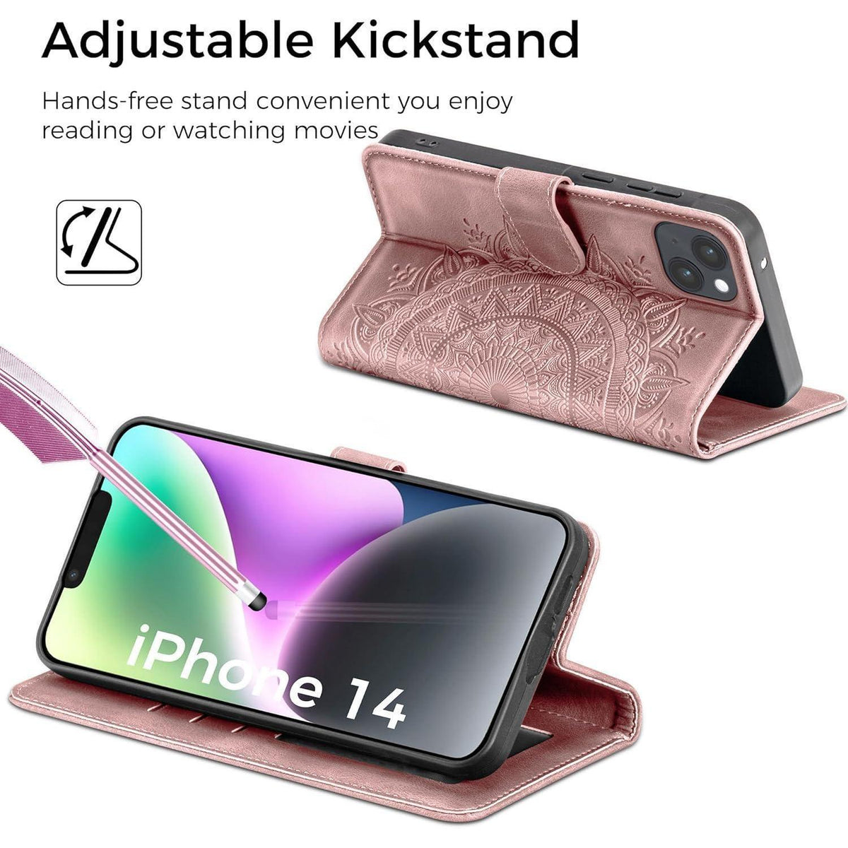 iPhone 14 Klapphülle mit Kartenfach, Ständer, Rosa