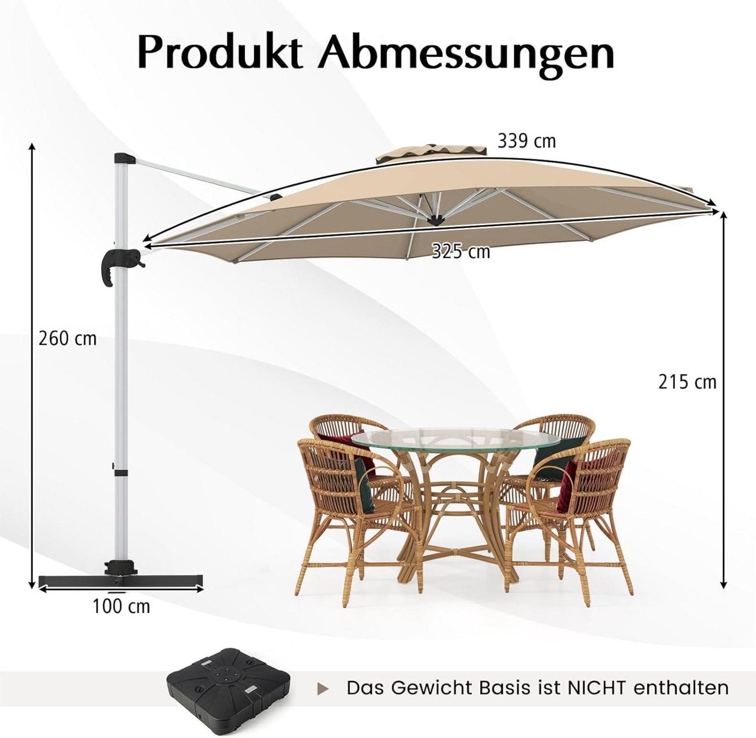 Ampelschirm Ø325cm mit Kurbel & Kreuzfuß, 360° Funktion, UV-Schutz