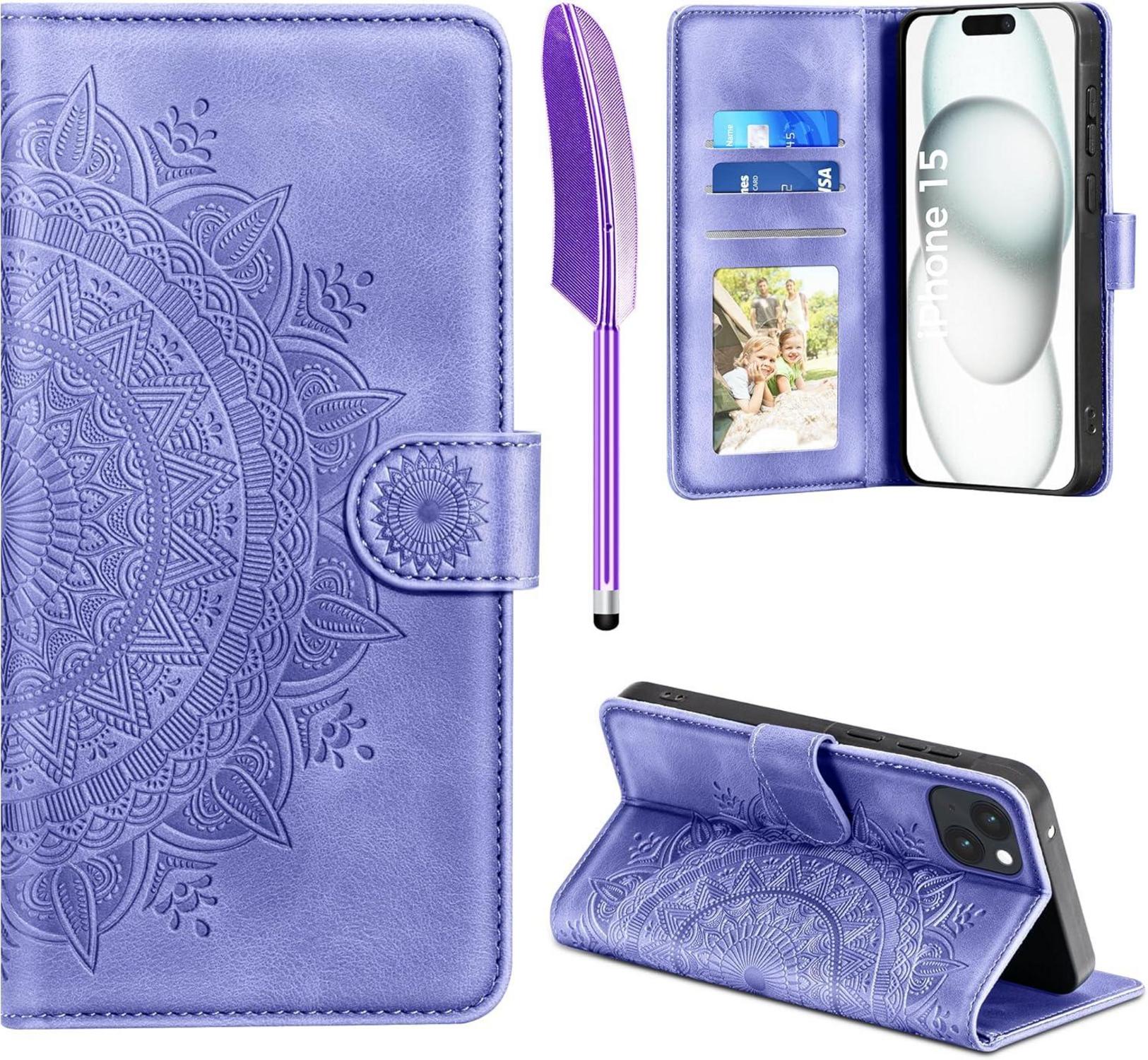 iPhone 15 Hülle Wallet PU Leder Case Kartenfach Magnet Ständer Lila