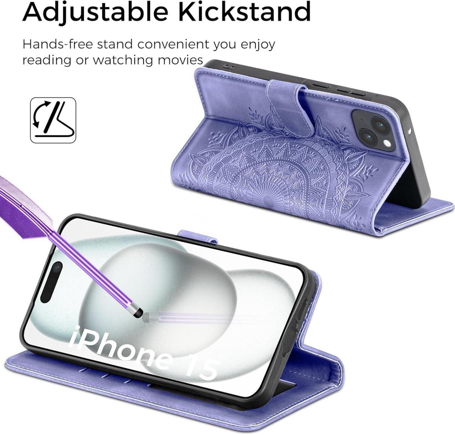iPhone 15 Hülle Wallet PU Leder Case Kartenfach Magnet Ständer Lila