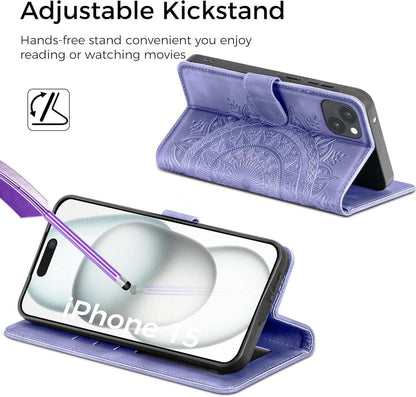 iPhone 15 Hülle Wallet PU Leder Case Kartenfach Magnet Ständer Lila