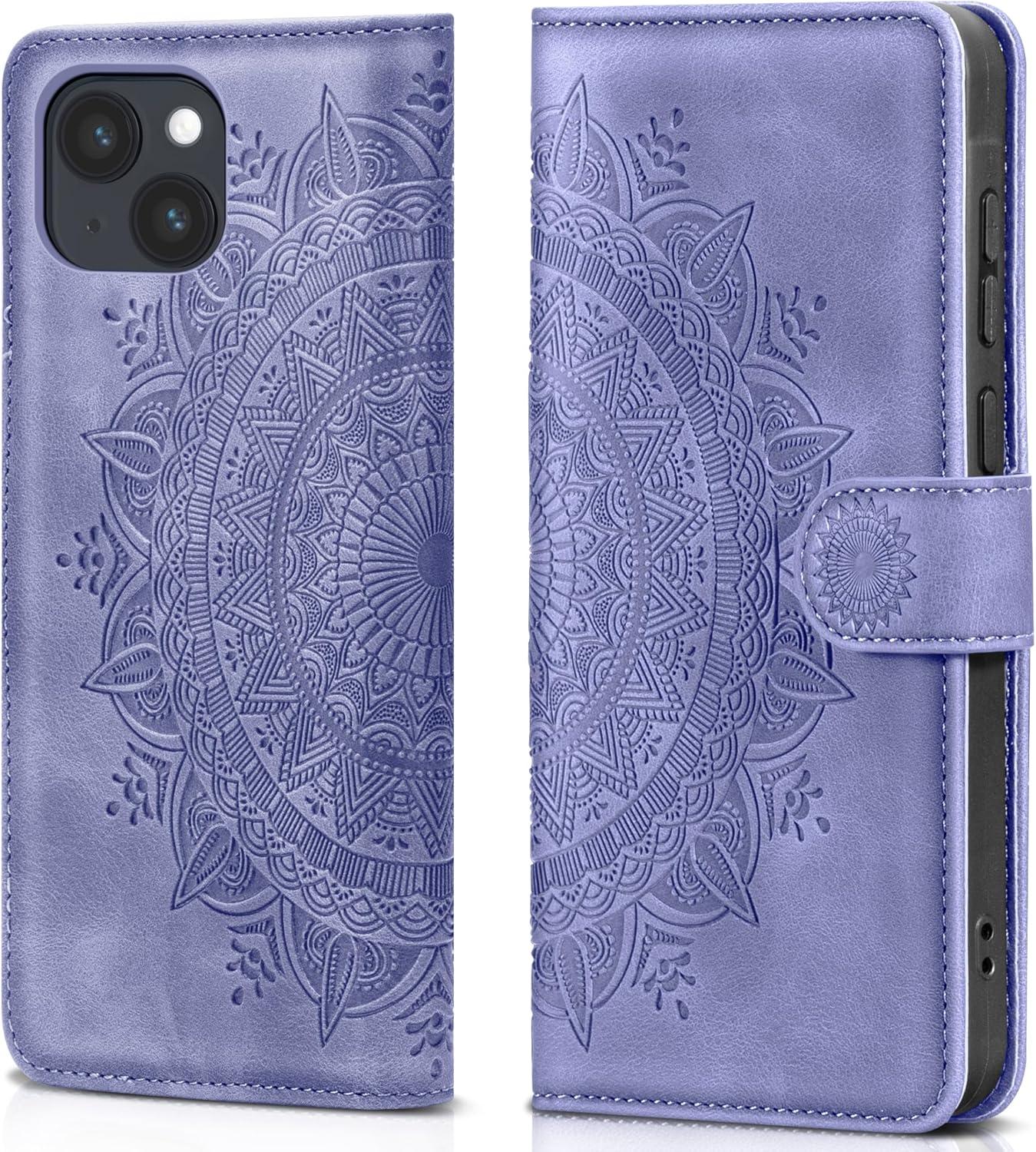 Lila iPhone 15 Hülle Wallet PU Leder Case mit Standfunktion & Kartenfach