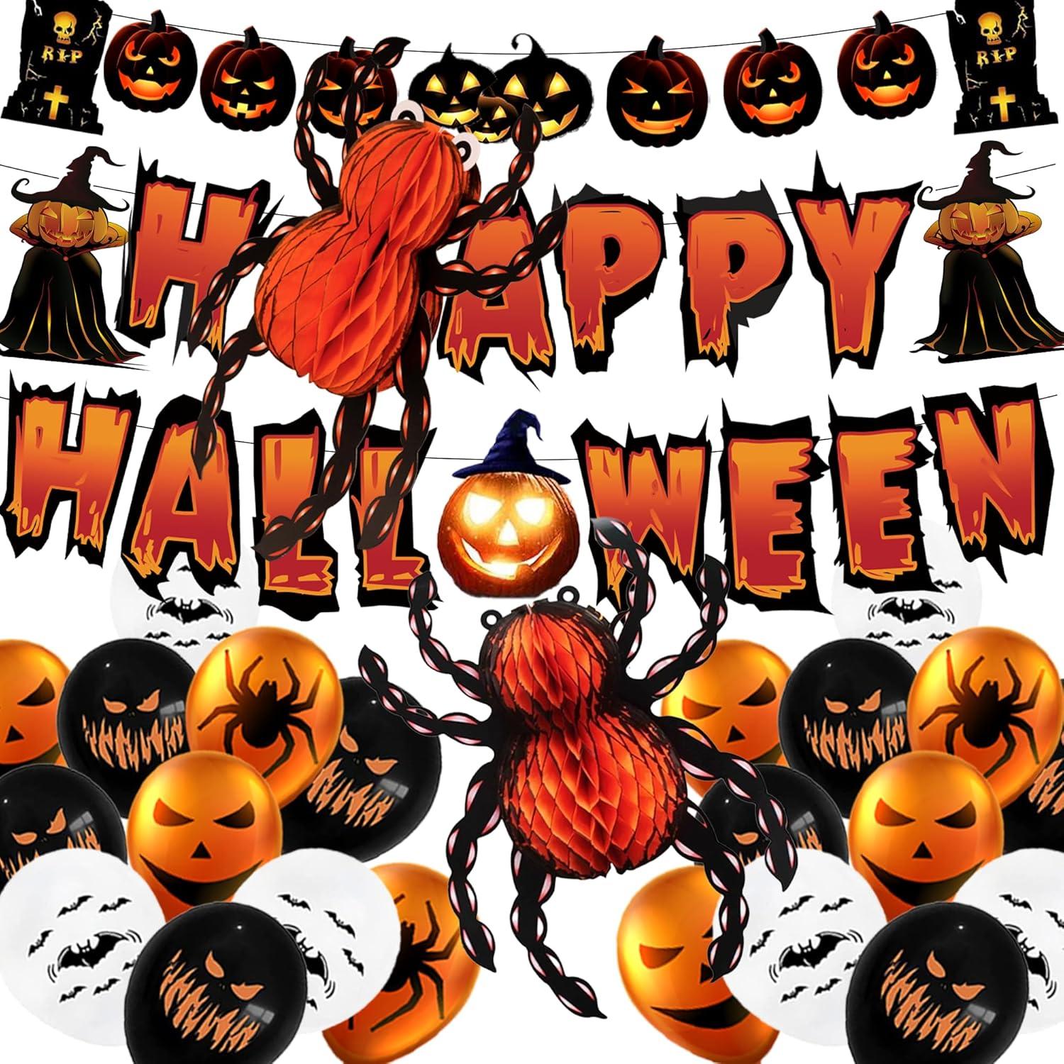 Halloween Deko Set Luftballons Girlande Banner Spinnen Party Kinder