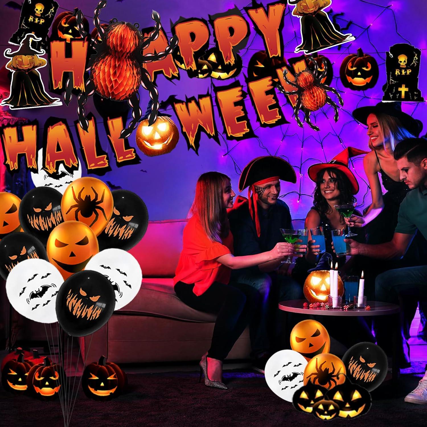 Halloween Deko Set Innen Happy-Halloween Banner Luftballons Spinnen