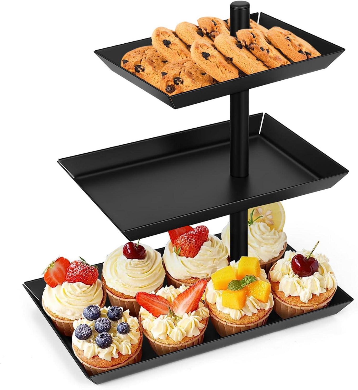 Schwarze Etagere 3-stufig Drehbarer Servierturm für Dessert und Obst