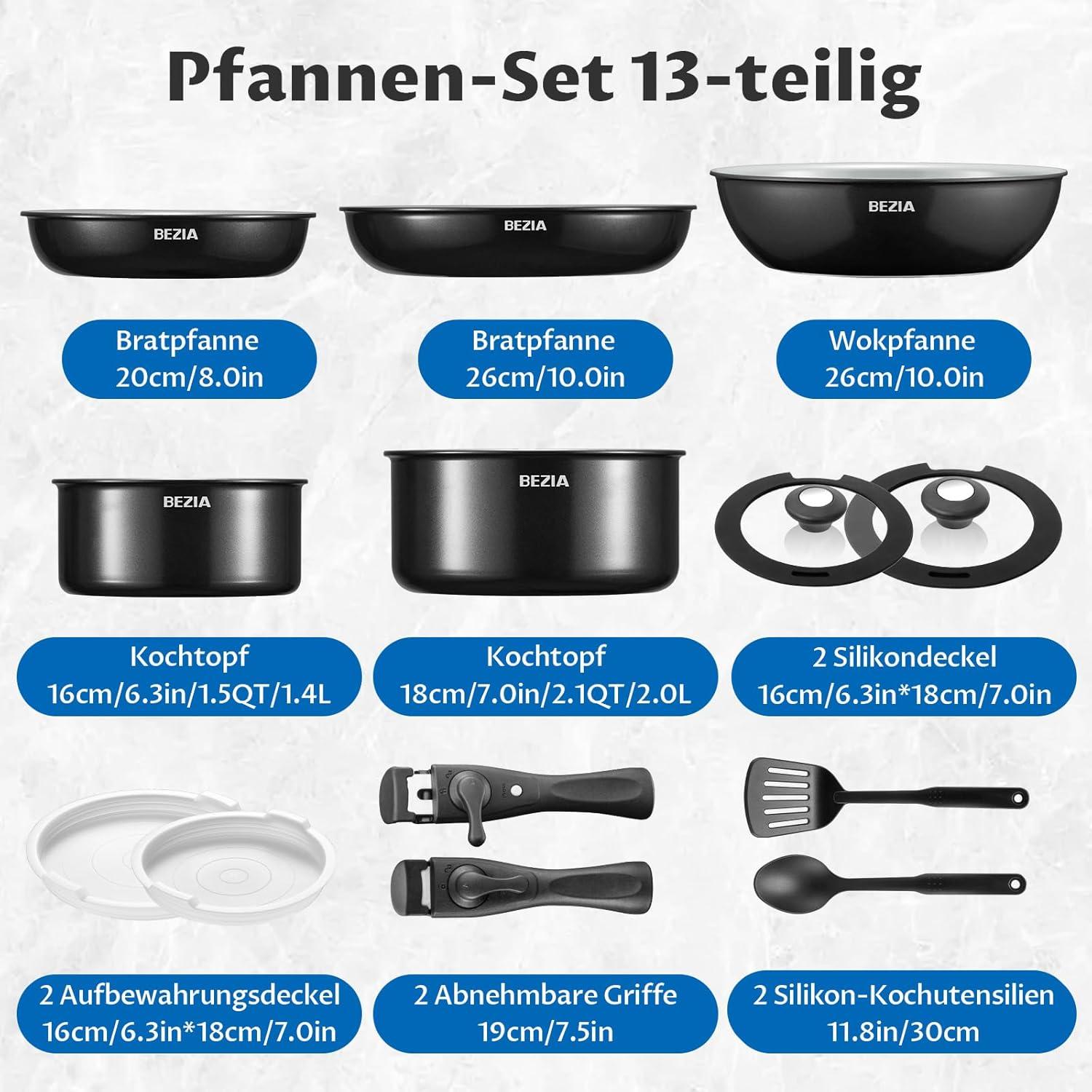 13-tlg Pfannenset abnehmbare Griffe Keramikbeschichtung