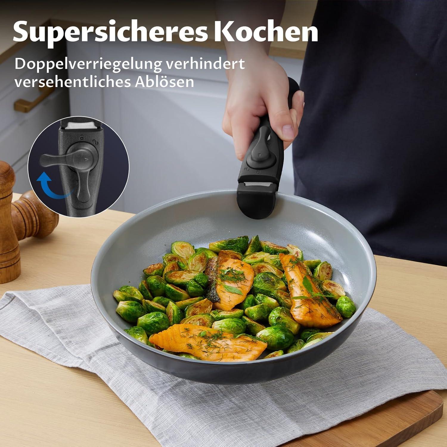 BEZIA Pfannenset abnehmbarer Griff Keramikbeschichtung 13-tlg. Induktion Herd stapelbares Design