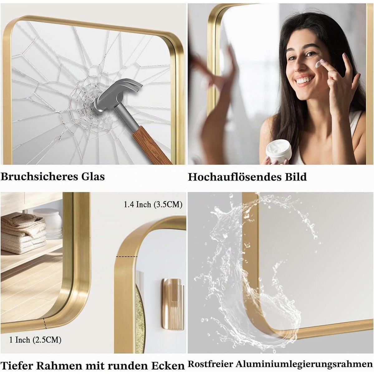 Goldener Wandspiegel 50x75 cm – Rechteckig, gebogene Ecken