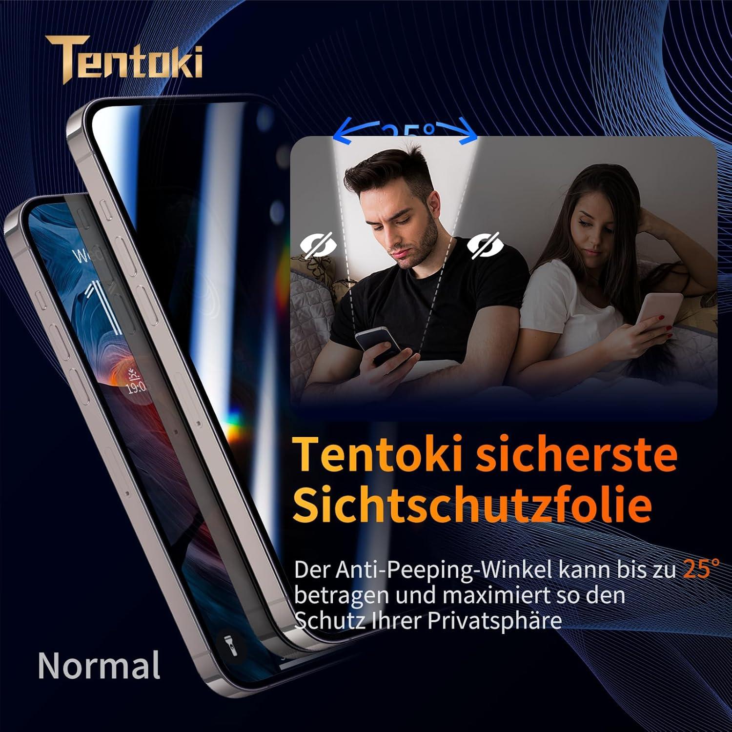 Tentoki Panzerglas Sichtschutz iPhone 15/14 Pro/16 6,1 Zoll