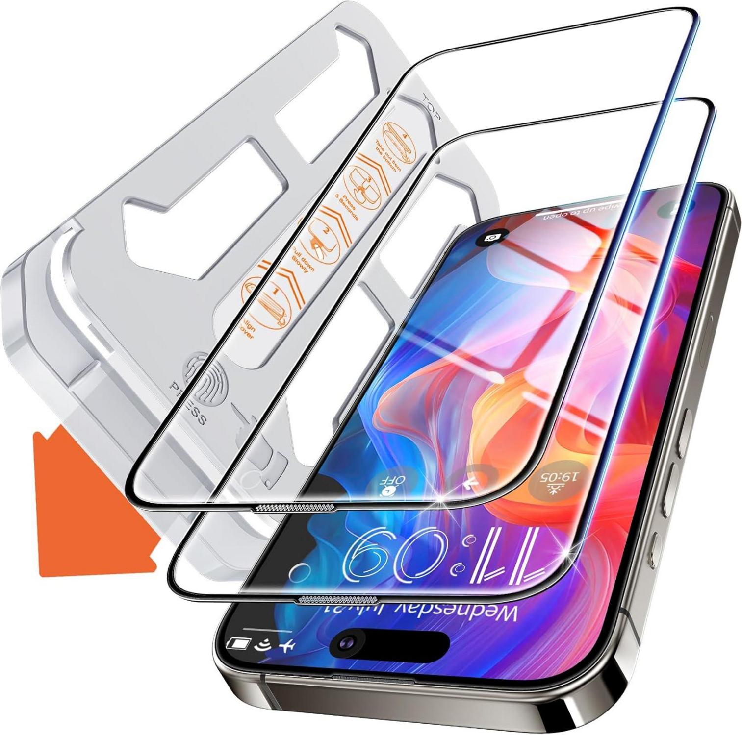 Panzerglas Schutzfolie für iPhone 15 Pro Max, 9H Härte, 2er Pack