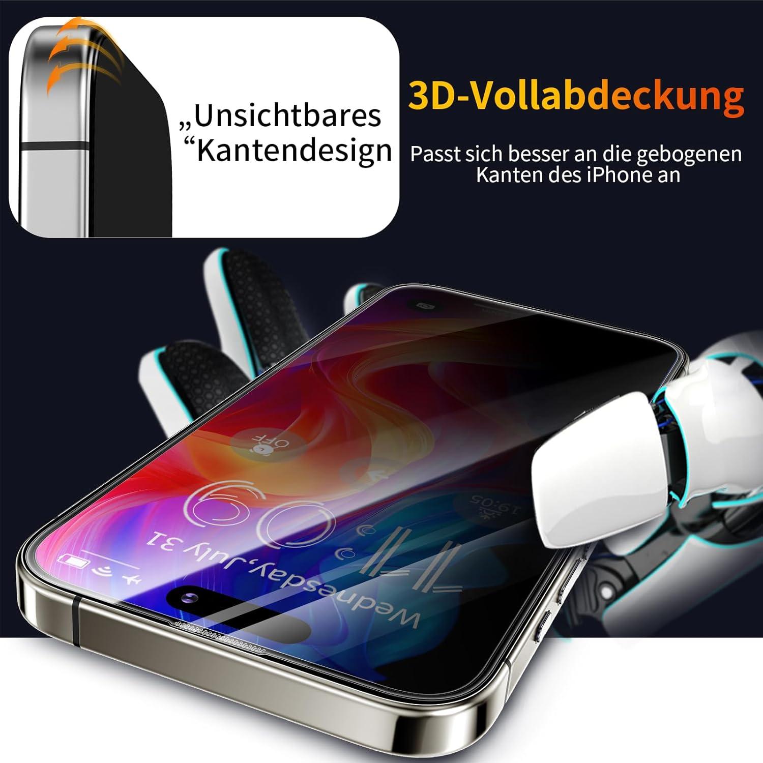 Tentoki Panzerglas Sichtschutz iPhone 15 Pro Max 6,7 Zoll 2x Anti-Spionage Schutzfolie