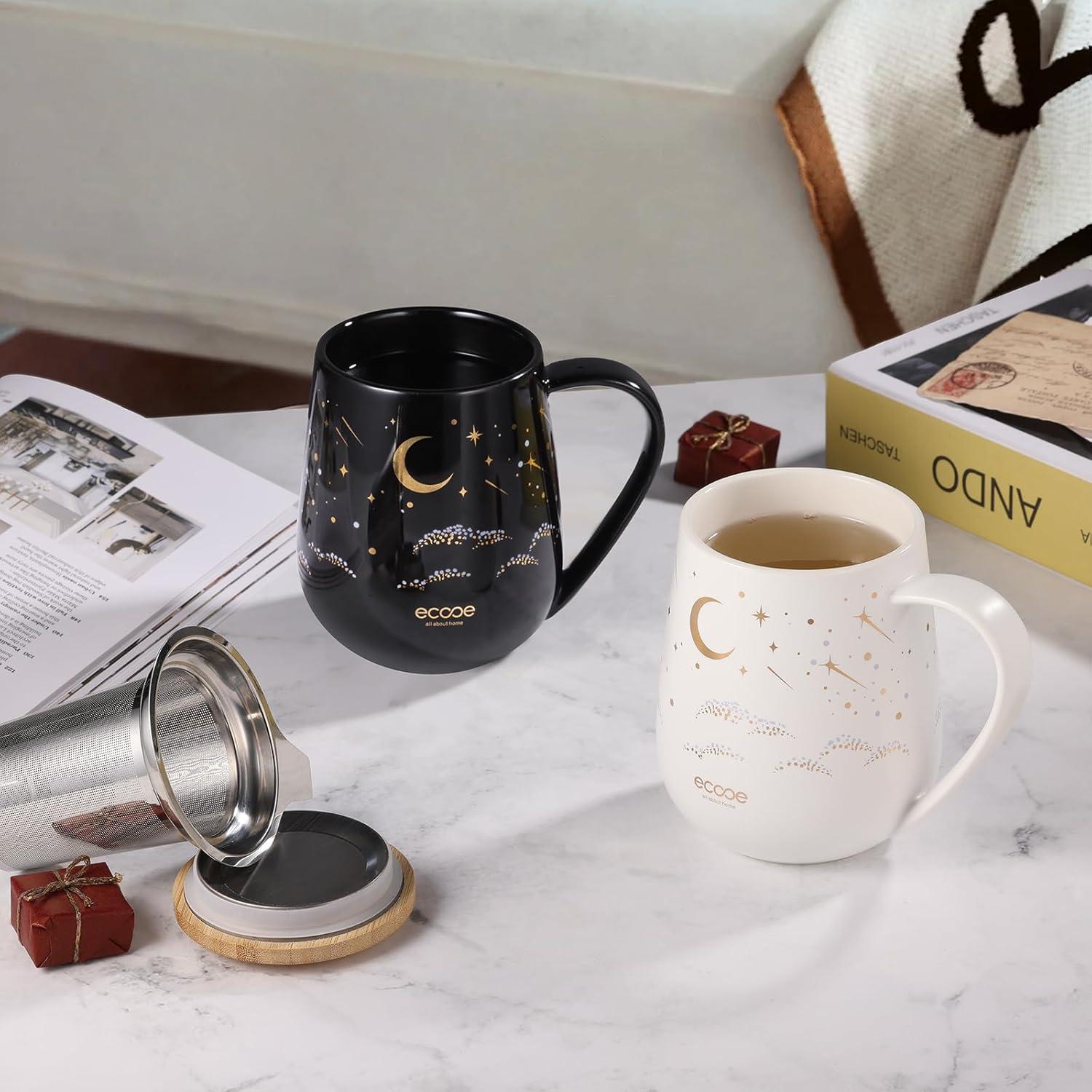 Teetasse mit Deckel und Sieb 600ml Weiß Keramik Tee Tasse Groß Teesieb