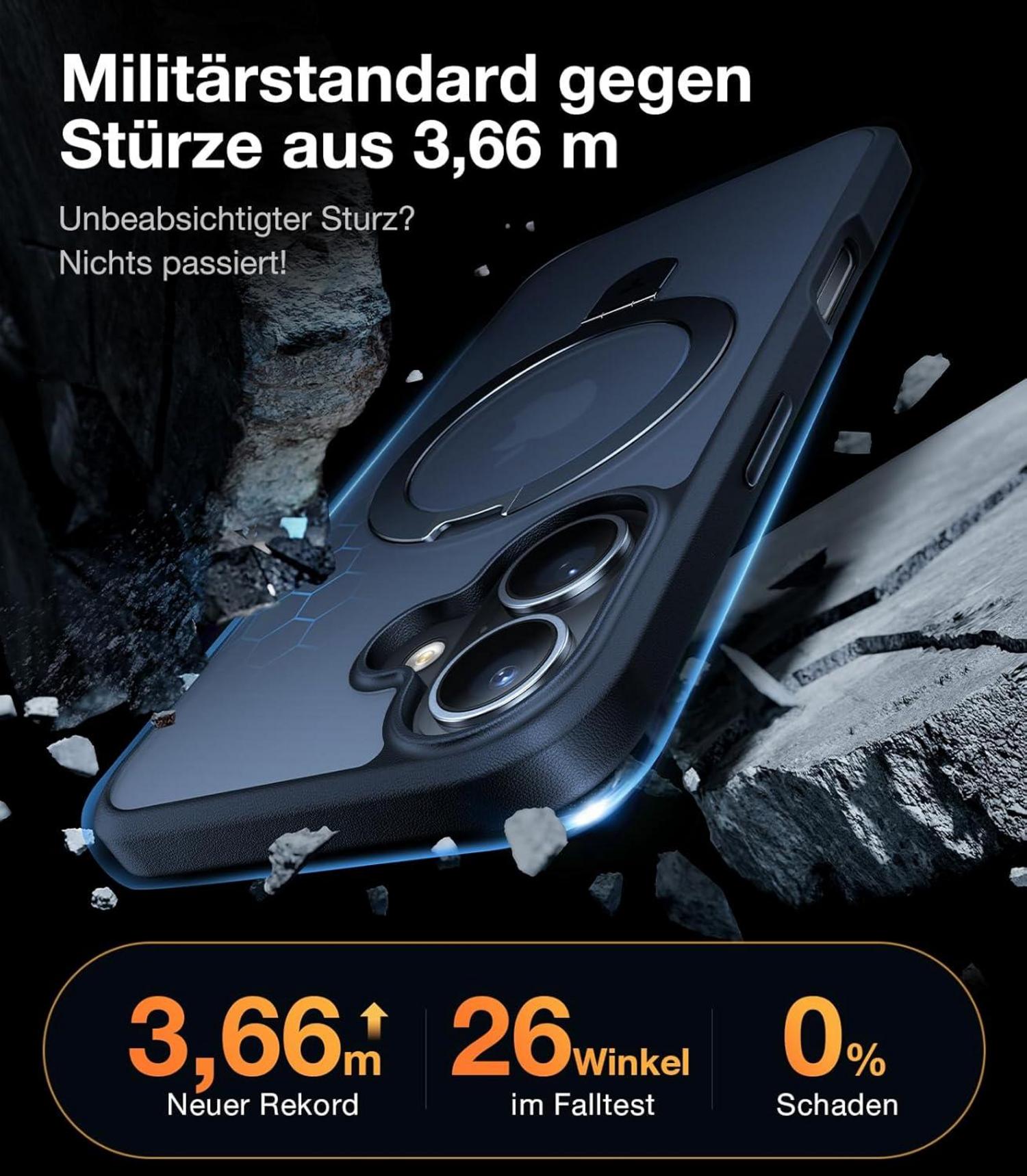 iPhone 16 Plus Hülle MagSafe Schwarz Militärischer Schutz Stand