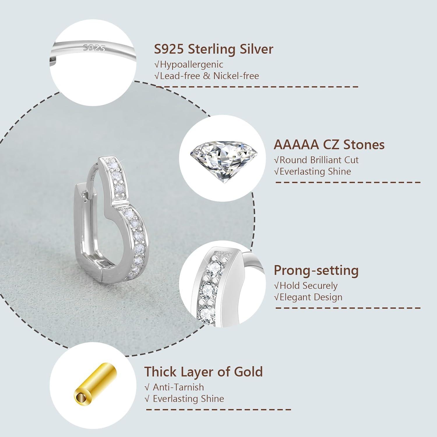 Herz Creolen Silber 925 Damen mit Zirkonia, Huggies Ohrringe 15mm