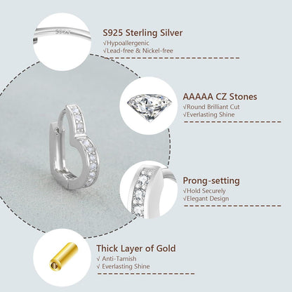 Herz Creolen Silber 925 Damen mit Zirkonia, Huggies Ohrringe 15mm
