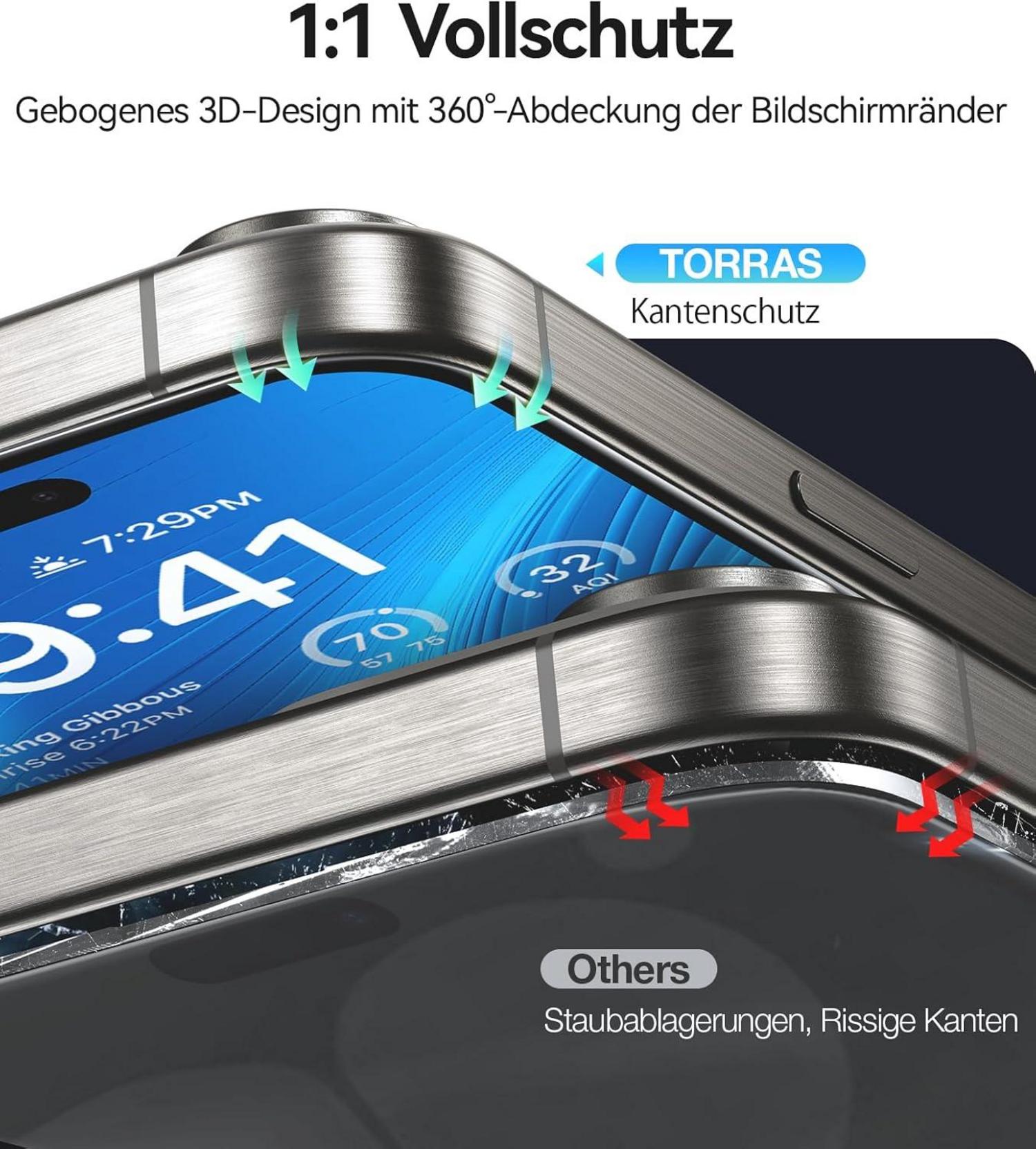 TORRAS Panzerglas Schutzfolie iPhone16 9H Glas Full Screen Display 2Stk