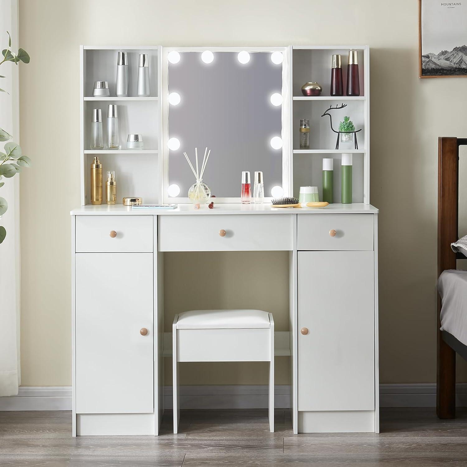 Vanity Desk with Mirror Light Large Drawer 3 Level Storage Dresser