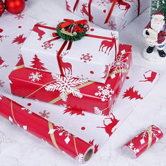 Wendbares Weihnachtsgeschenkpapier Rolle, Rot Gold Schneeflocke Elch