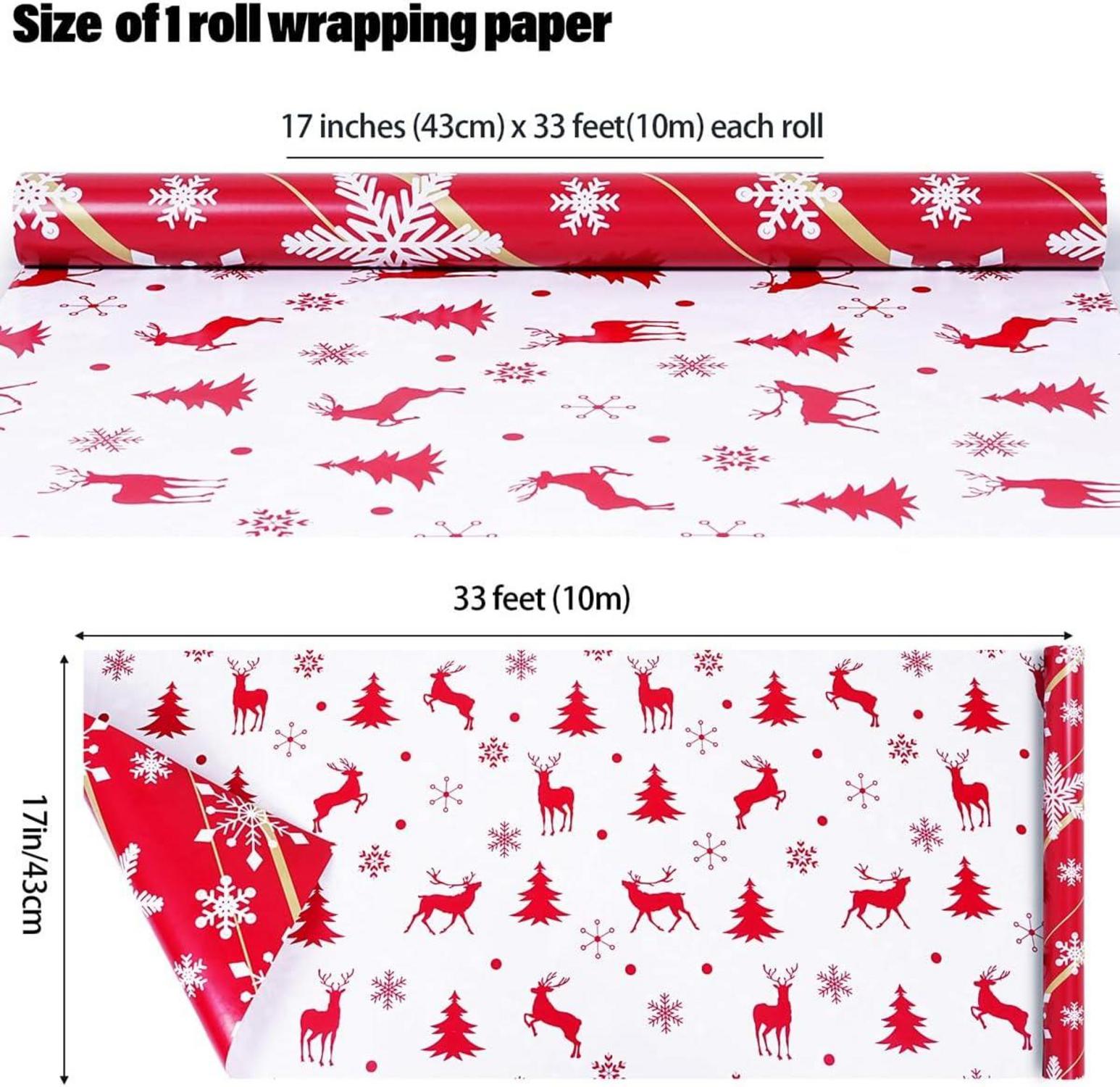 Weihnachten Geschenkpapier Rolle Rot Gold Schneeflocke Elch Winter 40cm