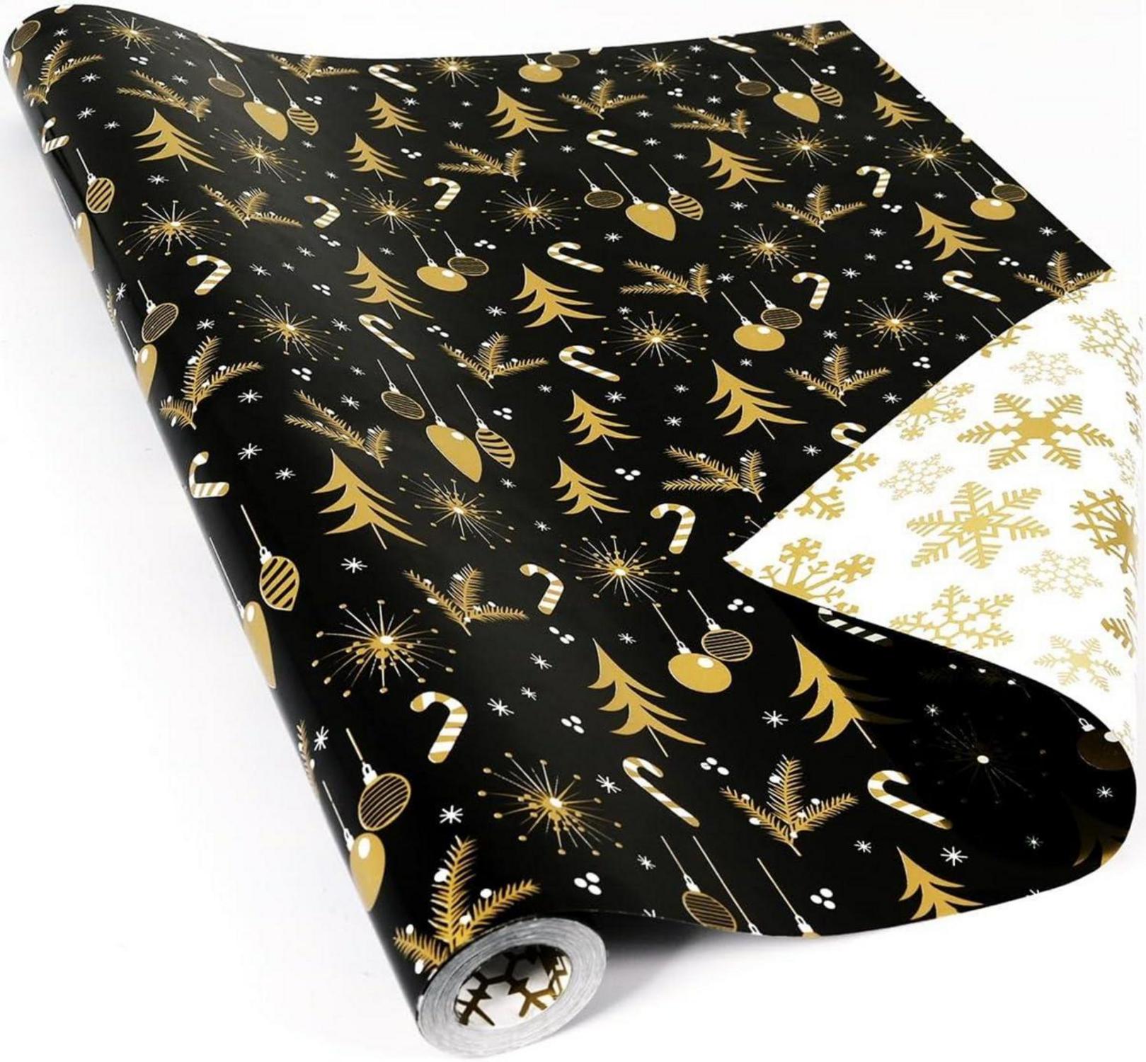 Weihnachtsgeschenkpapier Schwarz Gold Wendbar 43cm x 10M