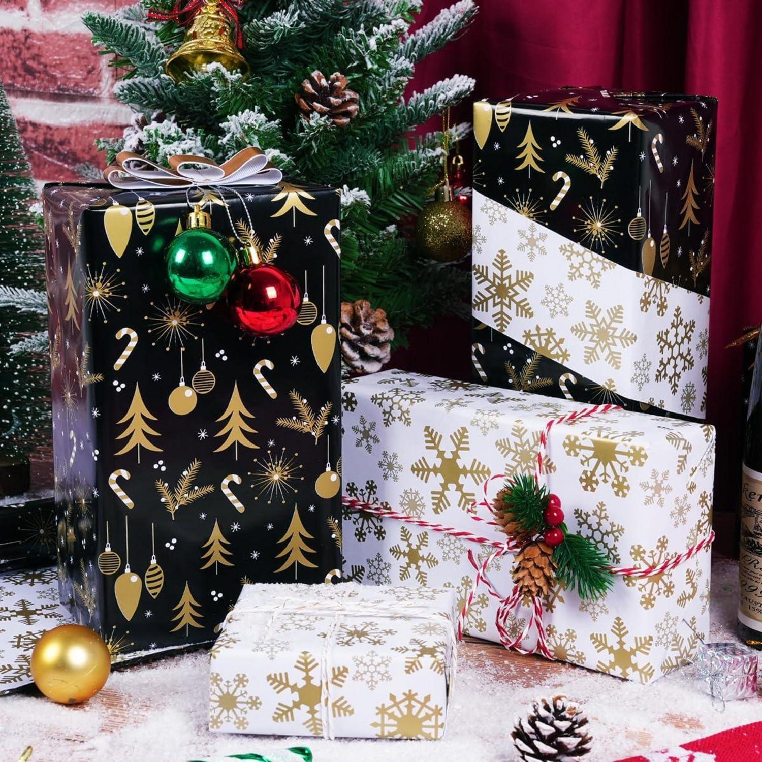 Schwarz-Goldenes Wendbares Weihnachtsgeschenkpapier, Schneeflocke und Weihnachtsbaummuster, 43cm x 10M