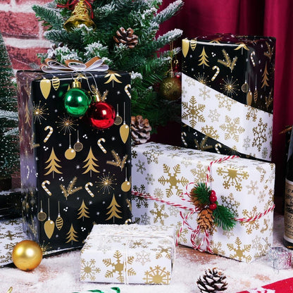 Schwarz-Goldenes Wendbares Weihnachtsgeschenkpapier, Schneeflocke und Weihnachtsbaummuster, 43cm x 10M