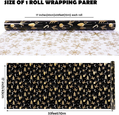 Weihnachtsgeschenkpapier Rolle Schwarz Gold Schneeflocke