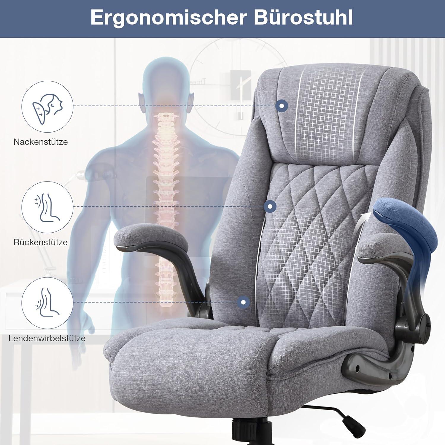 Fantasylab Bürostuhl Leinen 180KG hohe Rückenlehne extra breiter SitzGrey