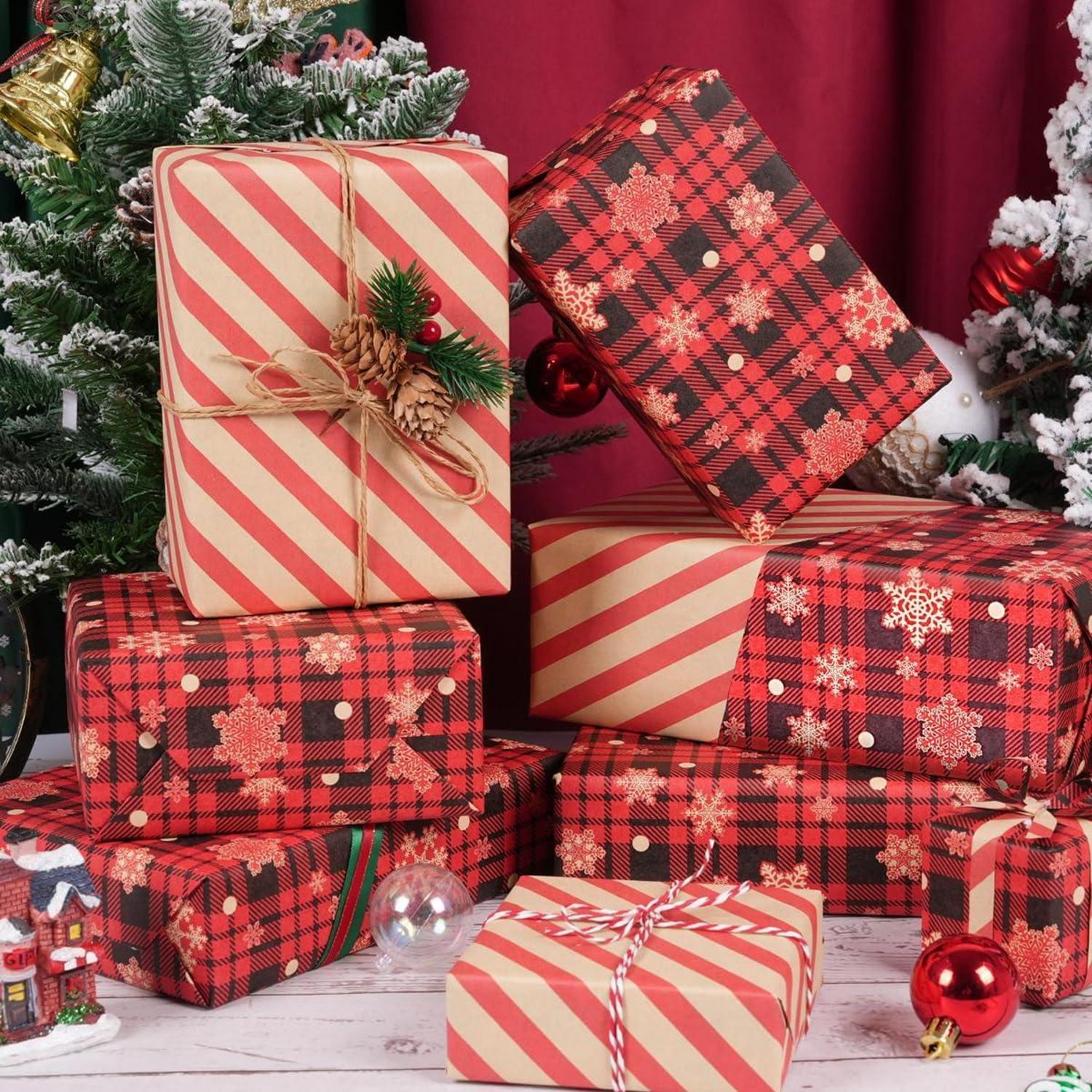 Geschenkpapier Weihnachten Rolle Wendbares Rot Braun Schwarz Snowflake Check 43cm x 10M