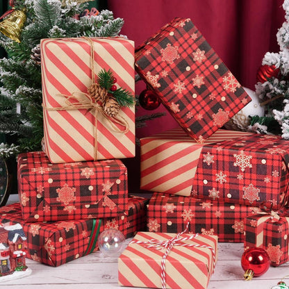 Geschenkpapier Weihnachten Rolle Wendbares Rot Braun Schwarz Snowflake Check 43cm x 10M