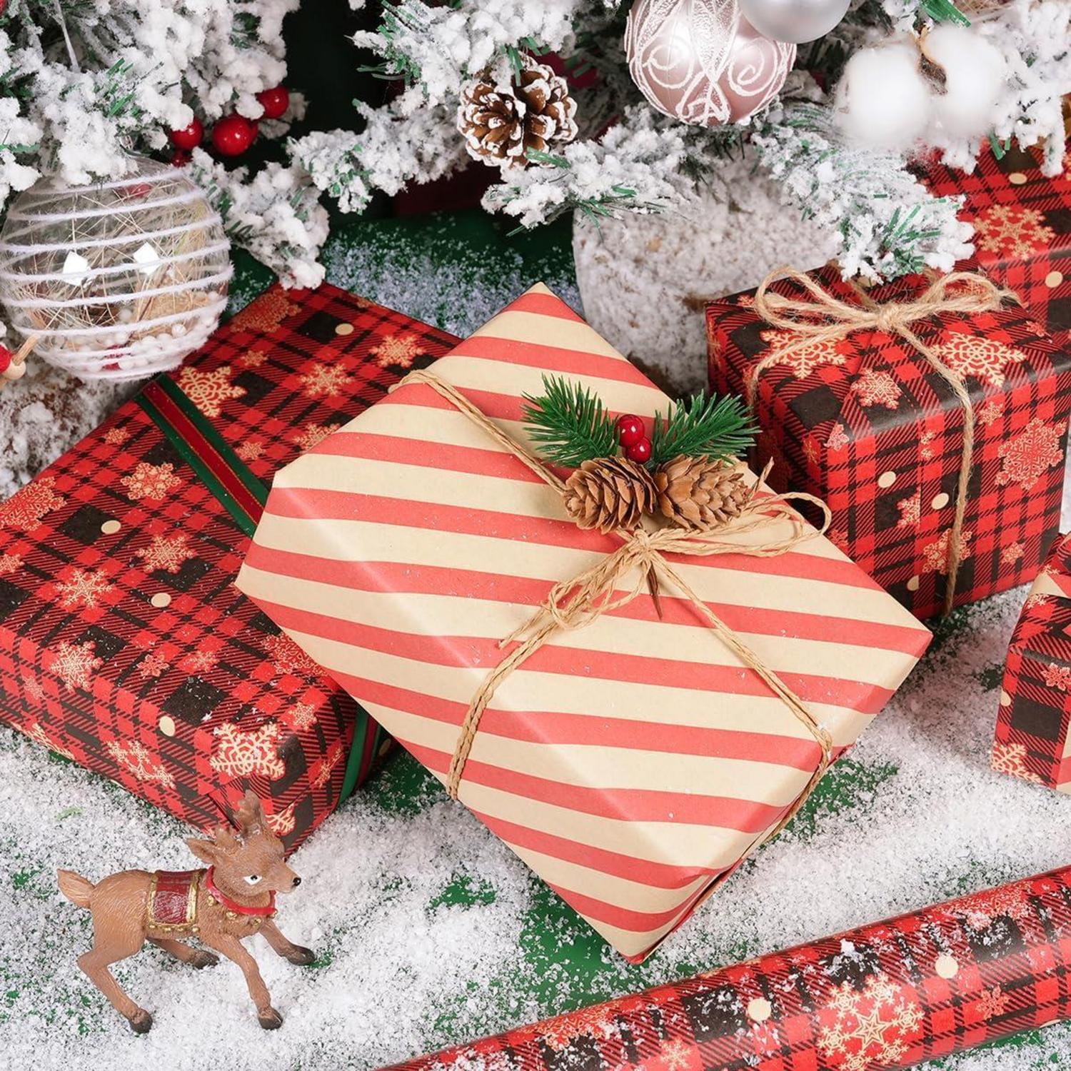 Weihnachten Geschenkpapier Rolle 43cm x 10M Rot Braun Schwarz - Schneeflocke