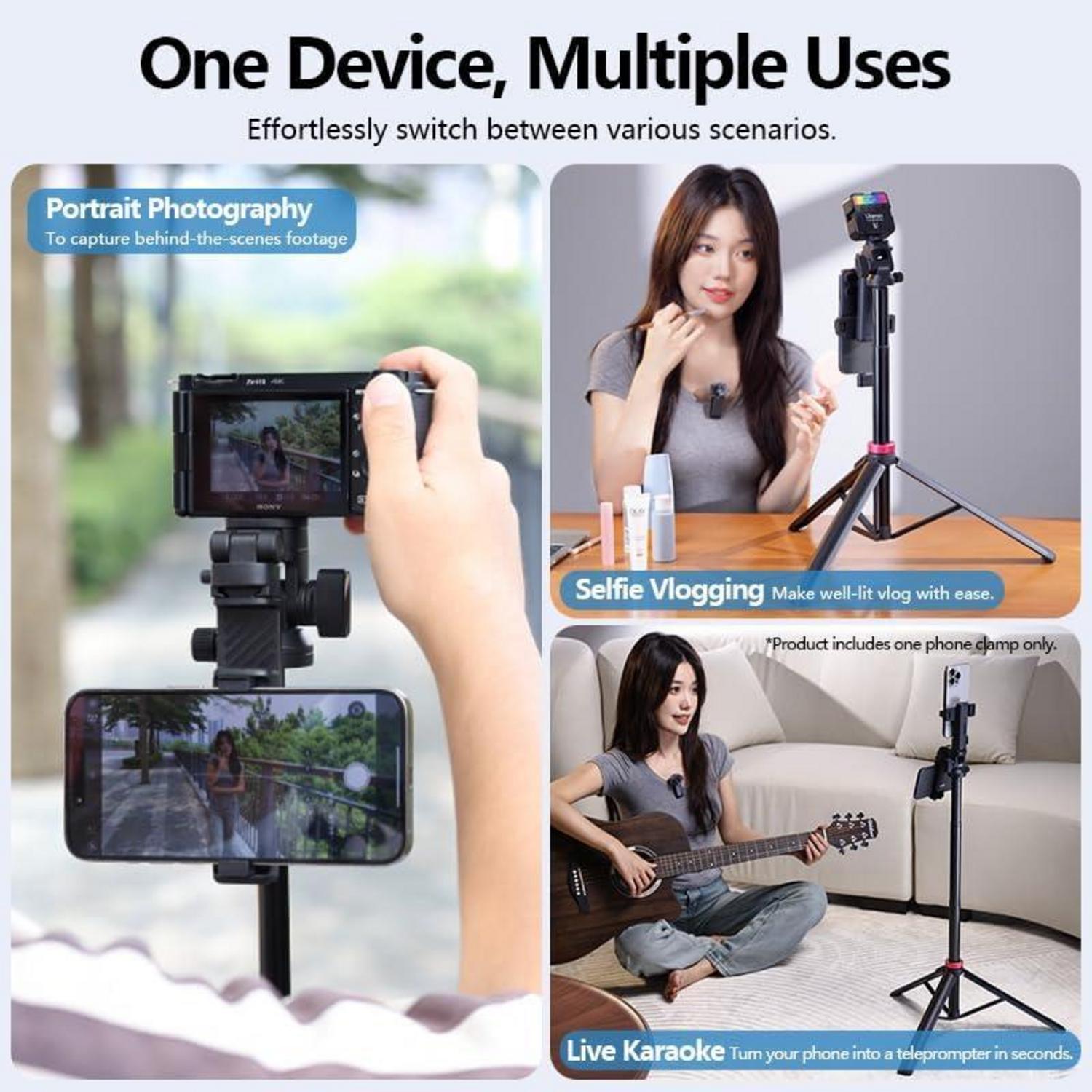Handy-Kamerastativ 185cm mit 2-in-1-Telefonclip & 360°-Kugelkopf-Stativ - Sony, Canon, iPhone