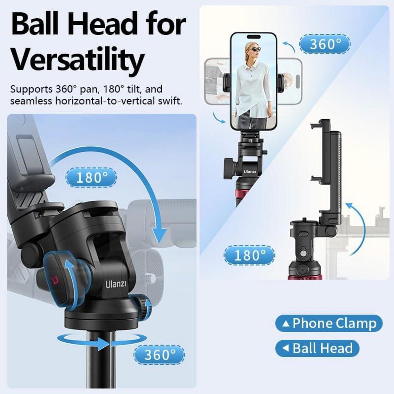 Handy-Kamerastativ 2-in-1 mit Selfie-Stick 185cm Stativ 360° Kugelkopf