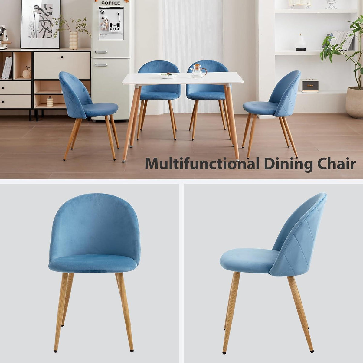 2 Esszimmerstühle Samt, Metallbeine, verstellbare Füße – Blau