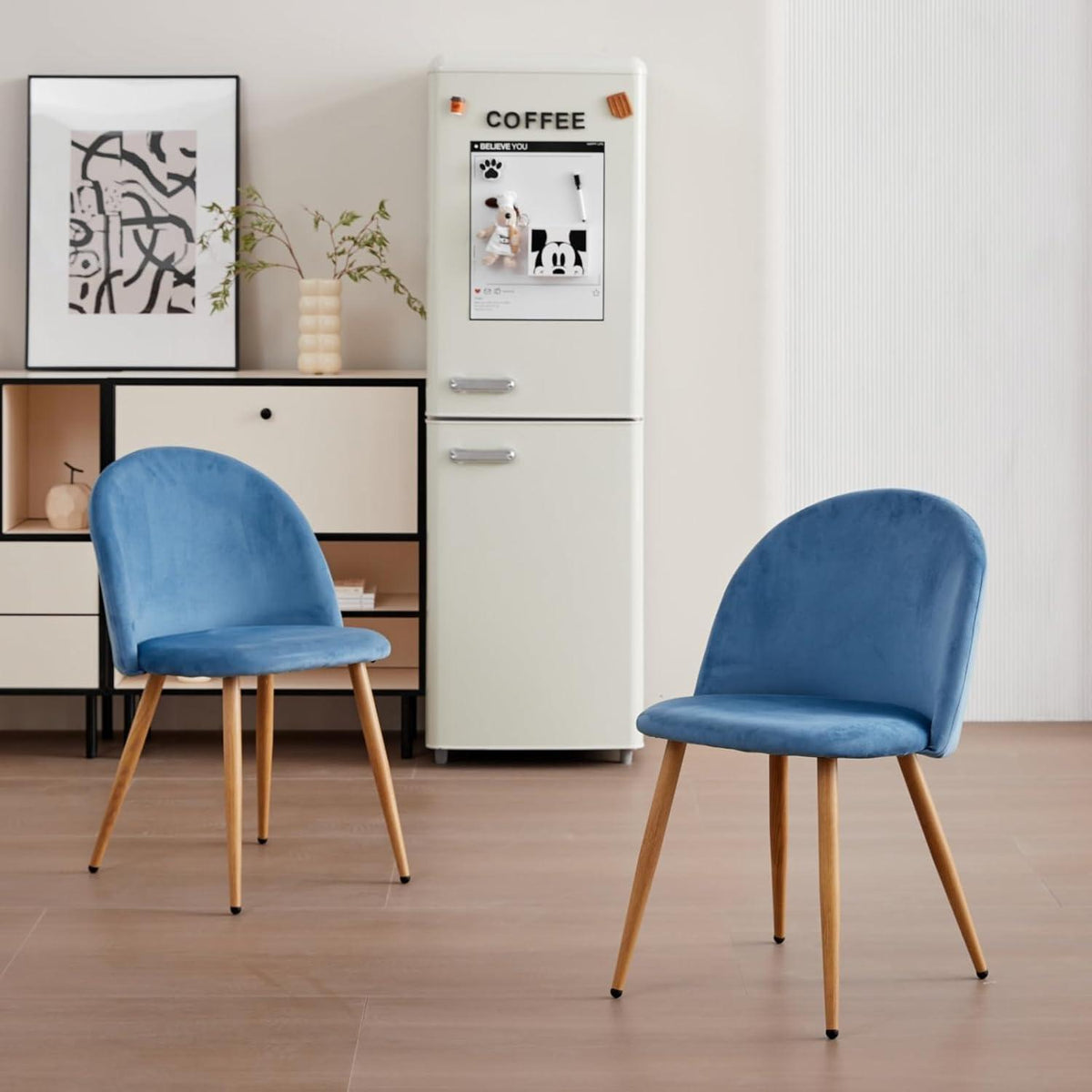 2 Esszimmerstühle Samt, Metallbeine, verstellbare Füße – Blau