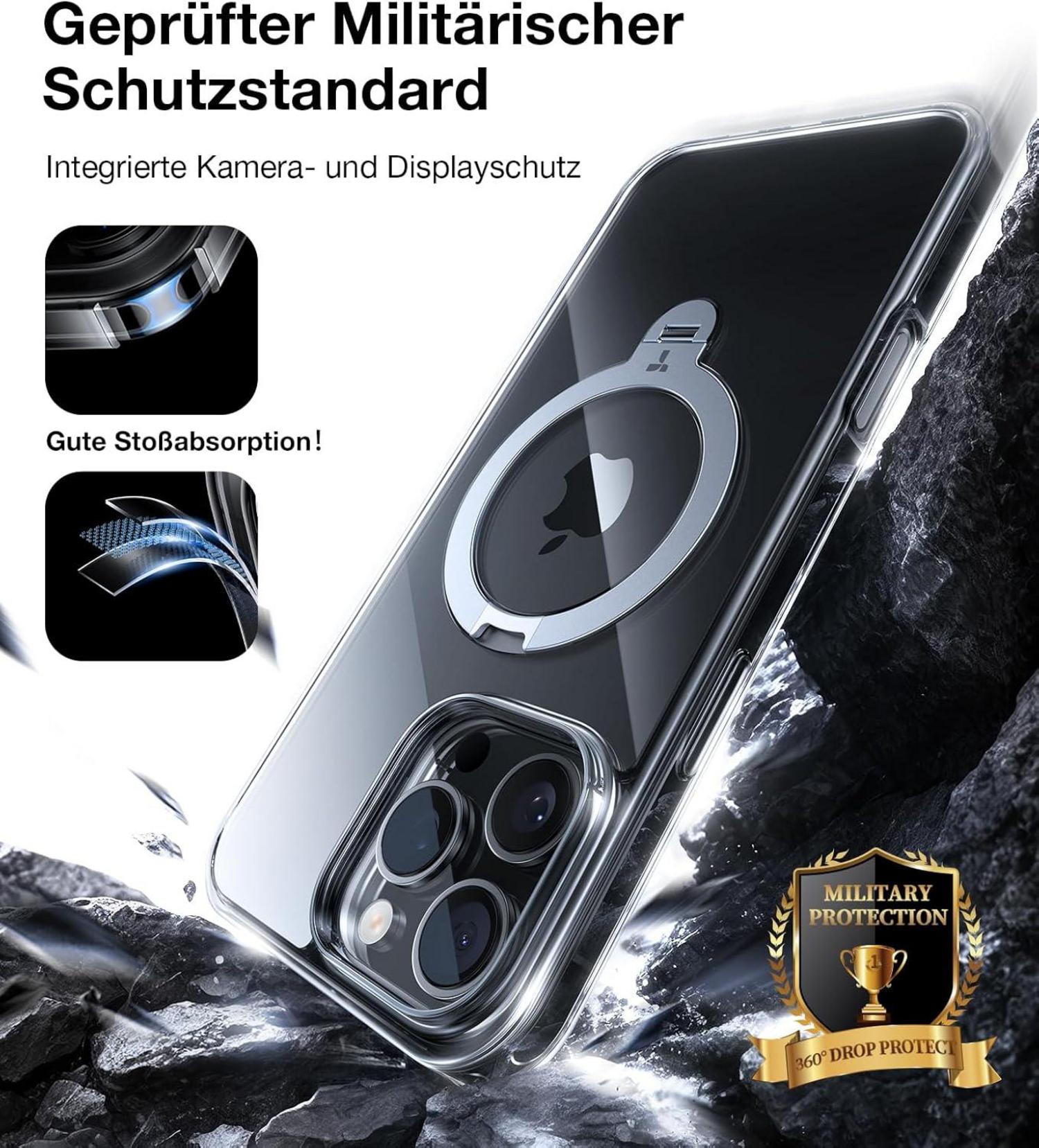360° Ostand Spin iPhone 16 Pro Hülle Magsafe Transparent Militärschutz Standring