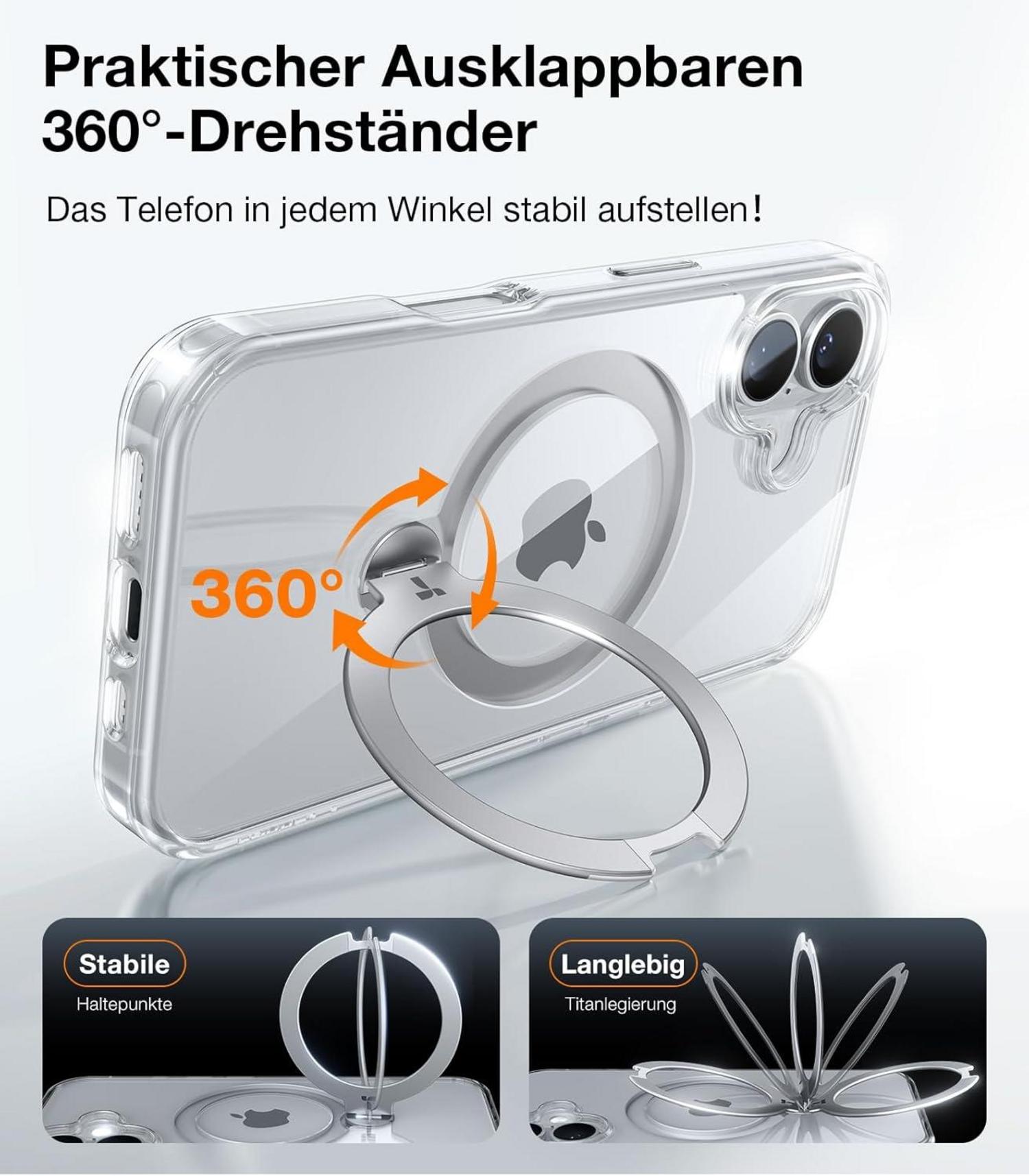 Transparente iPhone 16 Hülle mit 360° Ostand Spin Magnet-Ring