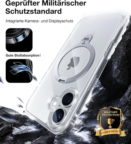 Transparente iPhone 16 Hülle 360° Ostand Spin Magsafe Militärschutz