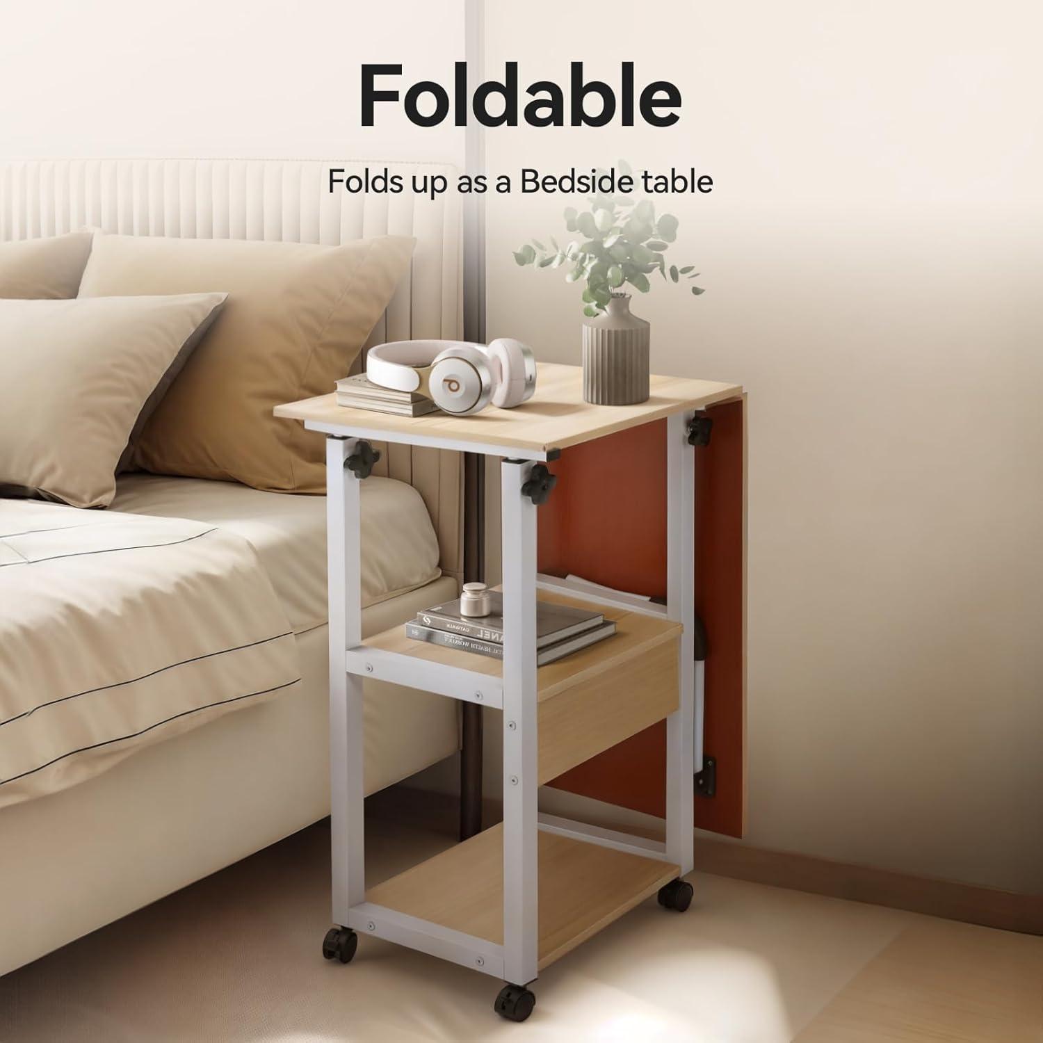 Höhenverstellbarer Beistelltisch mit Rollen und Liftable Top, Beige