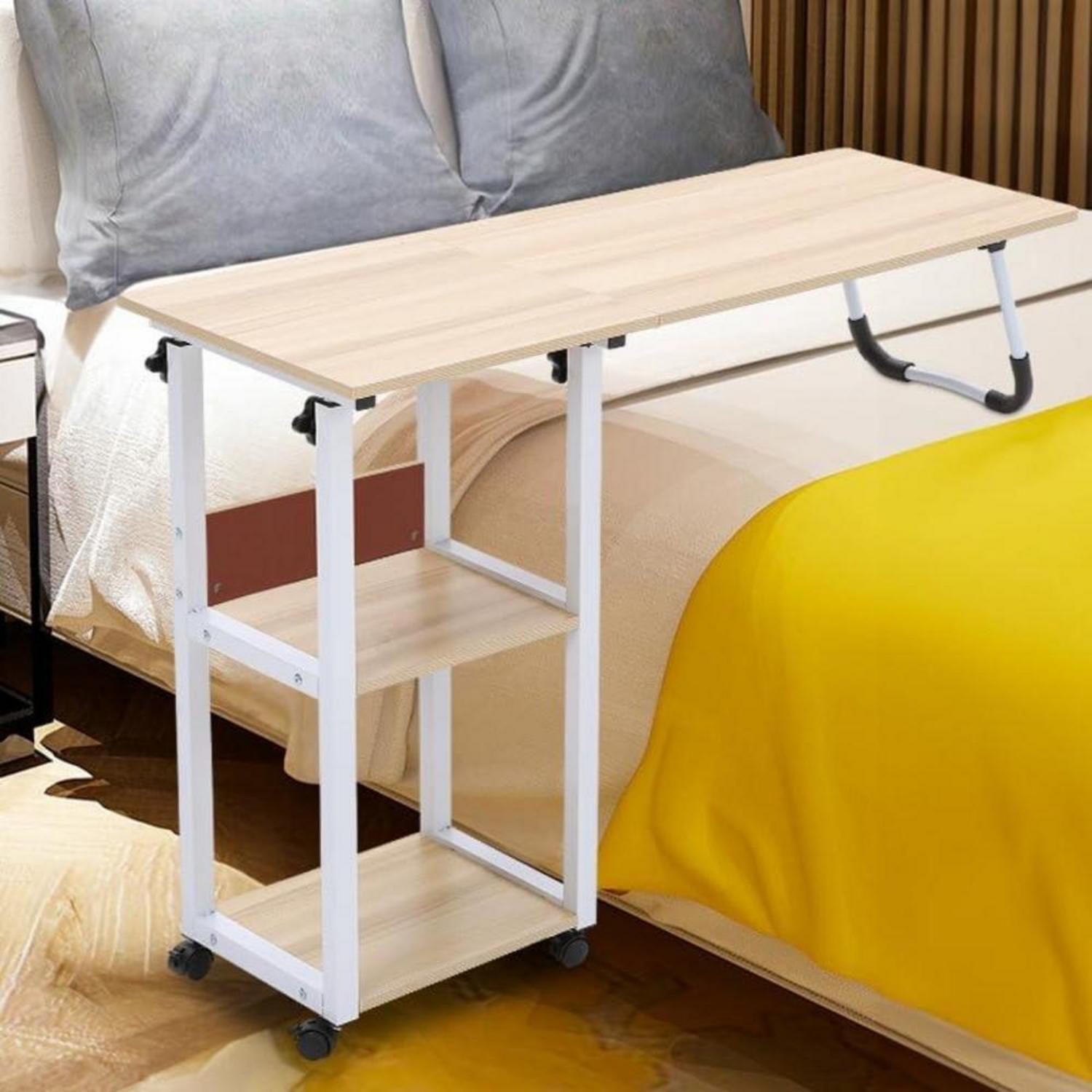 Bett-Tisch mit höhenverstellbaren Rollen und Ablagefächern