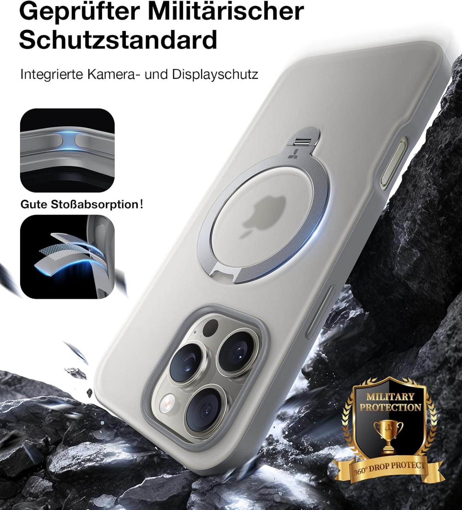 TORRAS 360° Ostand Spin iPhone 16 Pro Hülle Magsafe Grau Military-Schutz