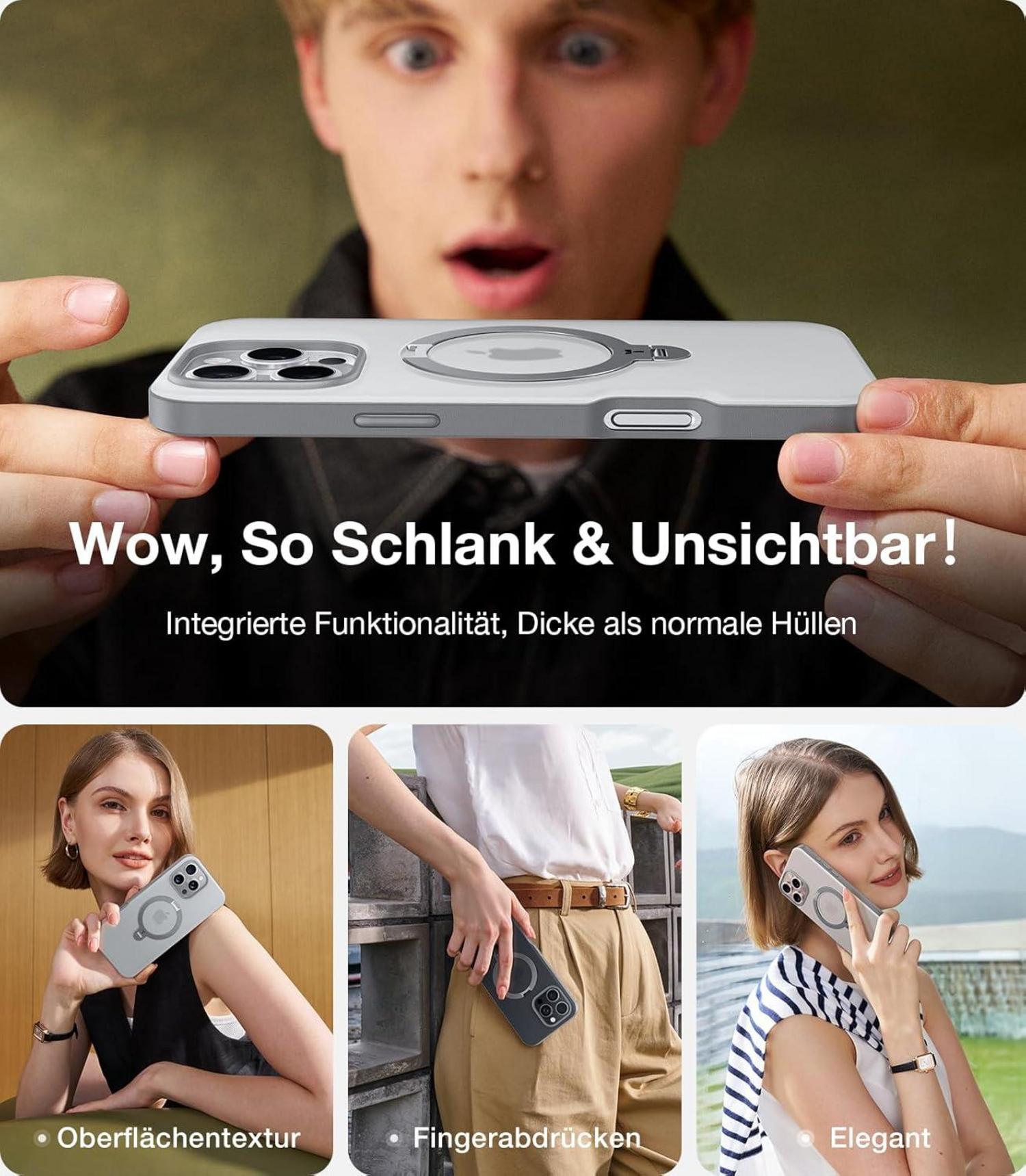 360° Ostand Spin Magsafe Hülle iPhone 16 Pro Militärschutz Grau
