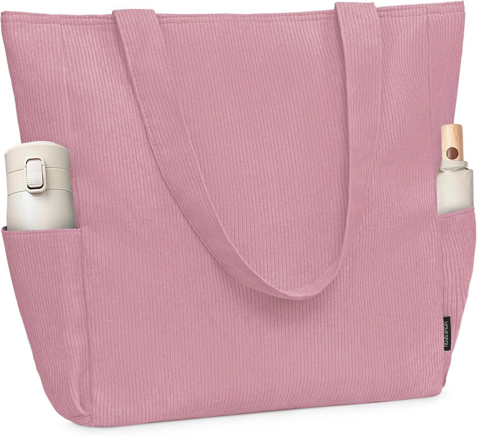 Große Cordury Umhängetasche mit Reißverschluss und Taschen - Rosa