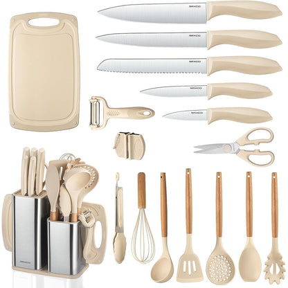 18-teiliges Küchenmesser-Set mit Silikon-Utensilien & Messerblock Khaki